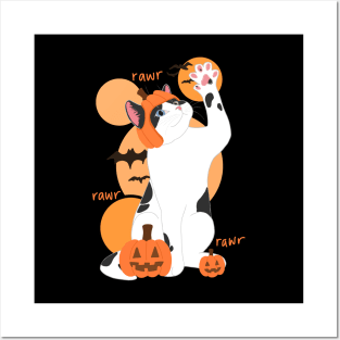 HALLOWEEN PUMPKIN BLACK & WHITE CAT Posters and Art